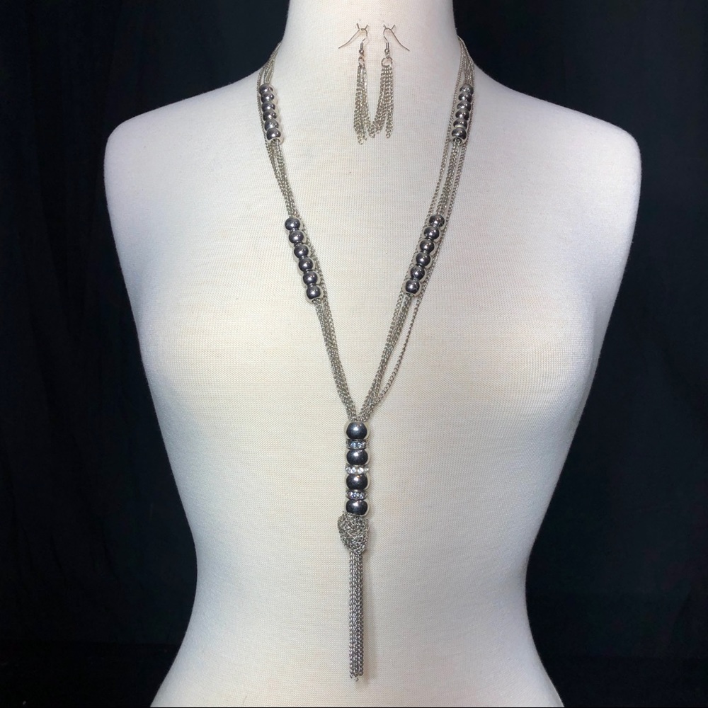 Long Silver Chain Tassel Bead Necklace Earring Set